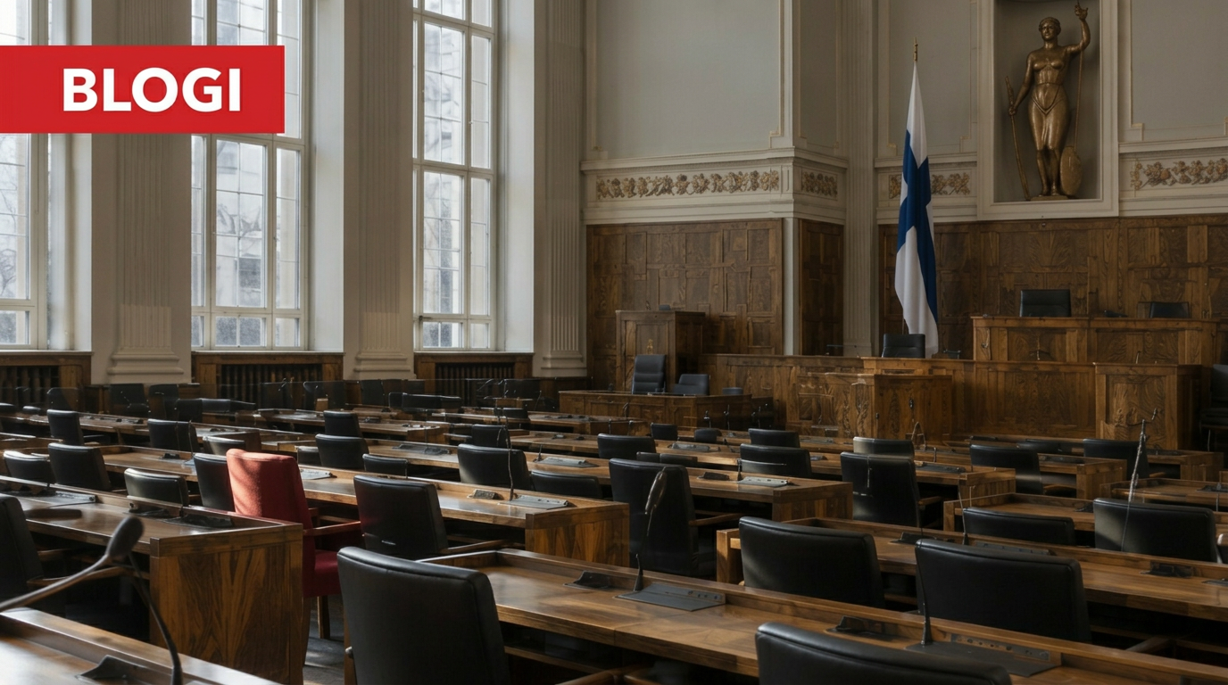 Tyhjä täysistuntosali, jossa Suomen lippu ja puiset pulpetit
